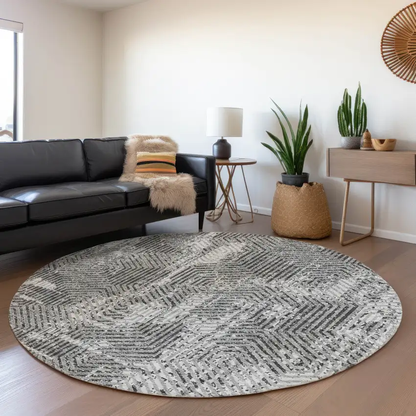 8' Gray And Silver Geometric Washable Round Rug With UV Protection Photo 5
