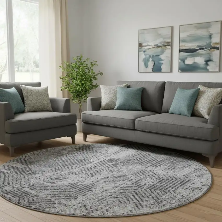 8' Gray And Silver Geometric Washable Round Rug With UV Protection Photo 1