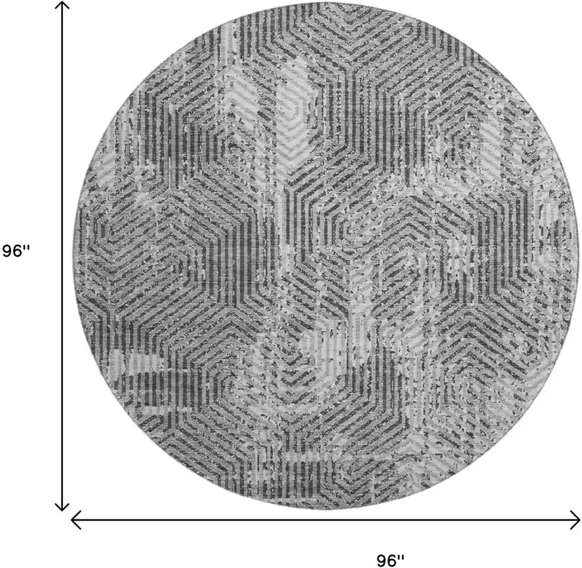 8' Gray And Silver Geometric Washable Round Rug With UV Protection Photo 3