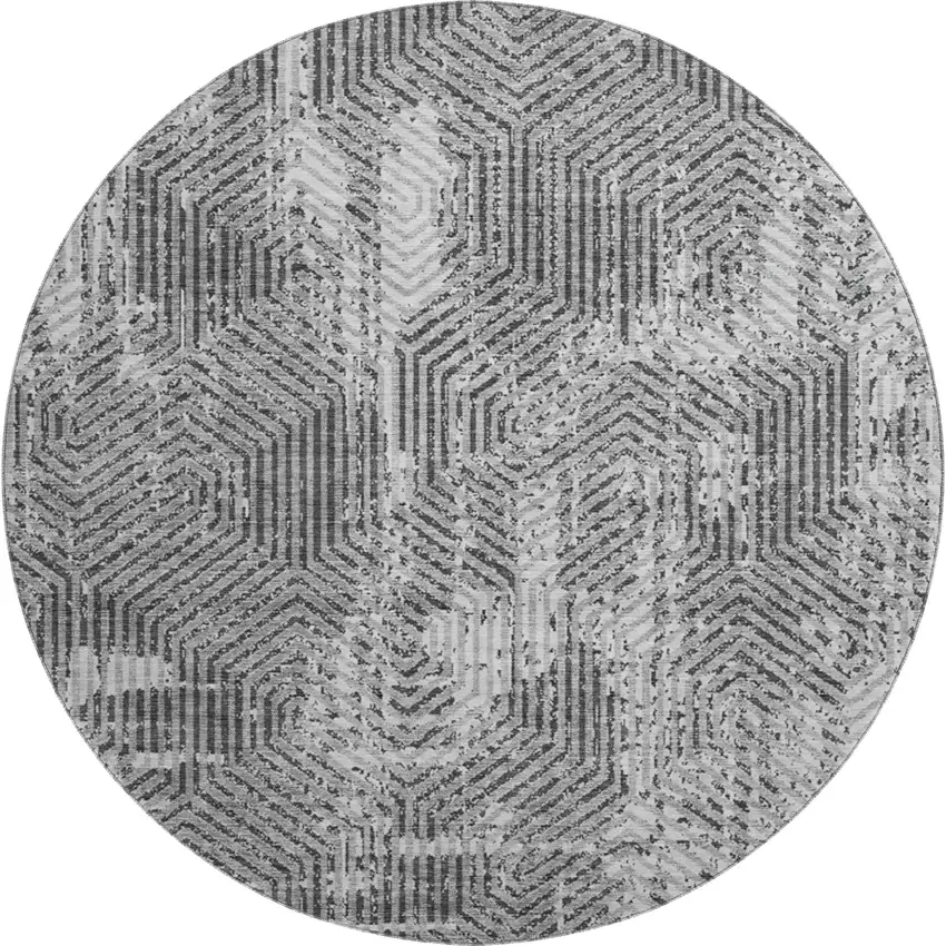 8' Gray And Silver Geometric Washable Round Rug With UV Protection Photo 1