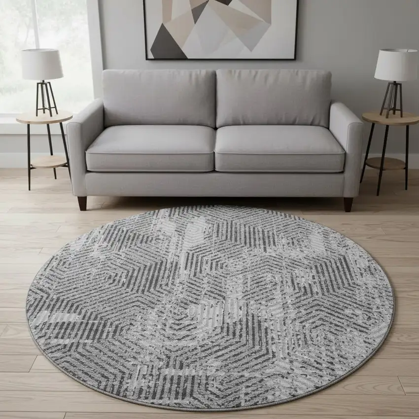 8' Gray And Silver Geometric Washable Round Rug With UV Protection Photo 2