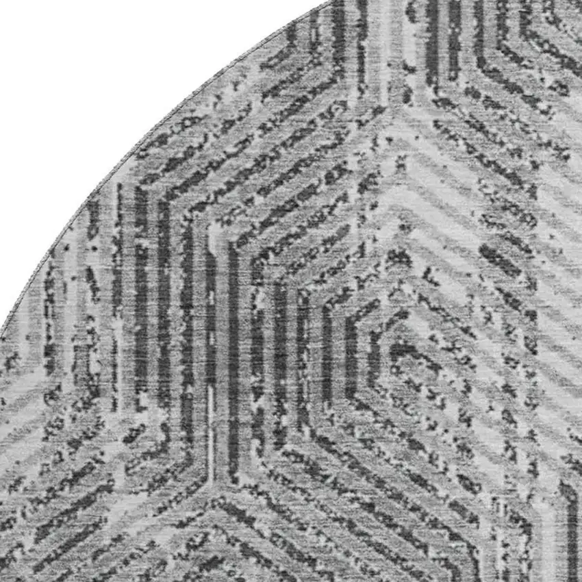 8' Gray And Silver Geometric Washable Round Rug With UV Protection Photo 3