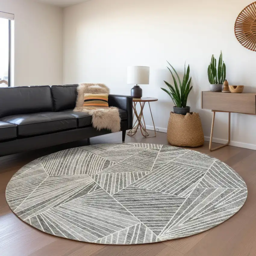 8' Gray And Silver Geometric Washable Round Rug With UV Protection Photo 5