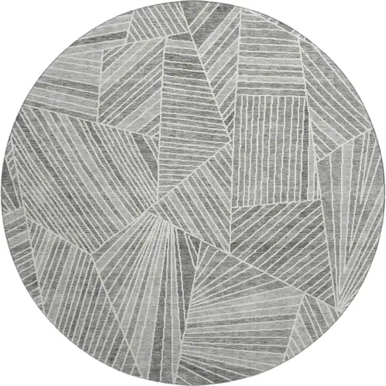 8' Gray And Silver Geometric Washable Round Rug With UV Protection Photo 1