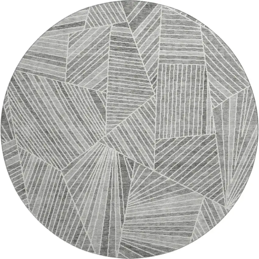 8' Gray And Silver Geometric Washable Round Rug With UV Protection Photo 1