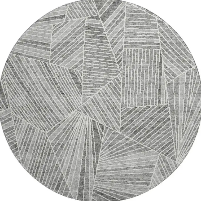 8' Gray And Silver Geometric Washable Round Rug With UV Protection Photo 4