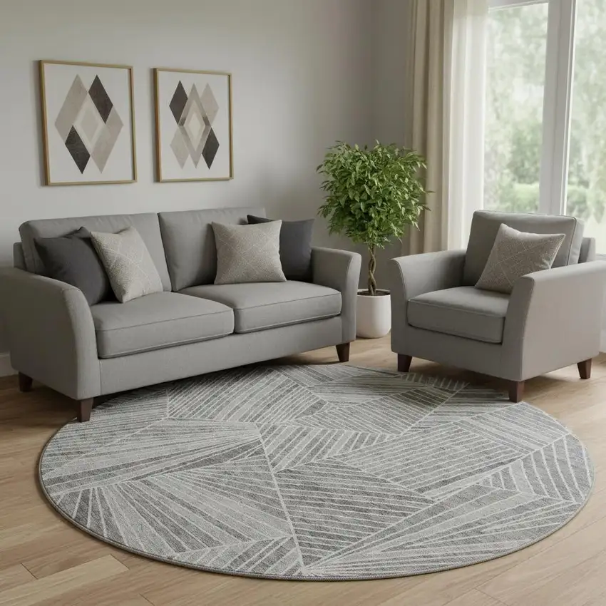 8' Gray And Silver Geometric Washable Round Rug With UV Protection Photo 1