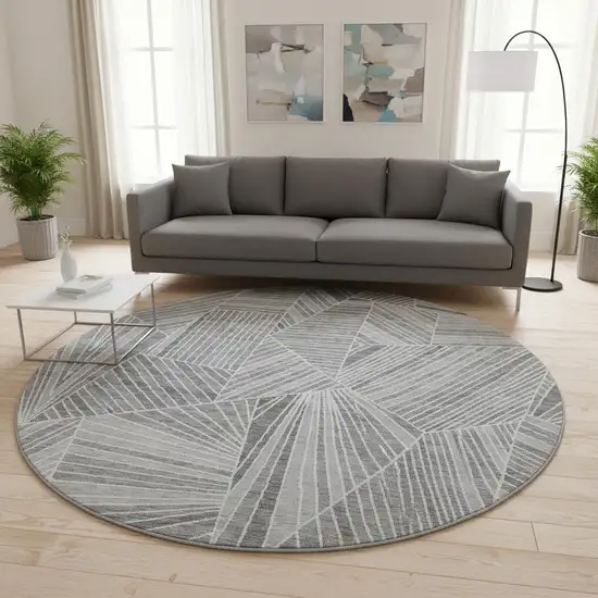 8' Gray And Silver Geometric Washable Round Rug With UV Protection Photo 2