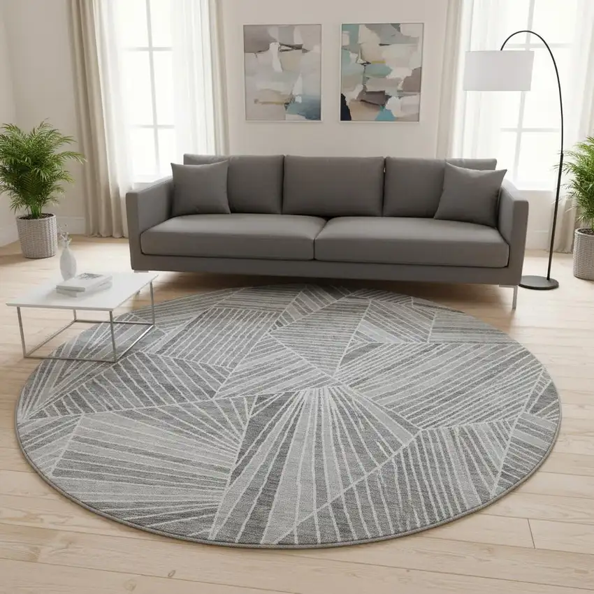 8' Gray And Silver Geometric Washable Round Rug With UV Protection Photo 2