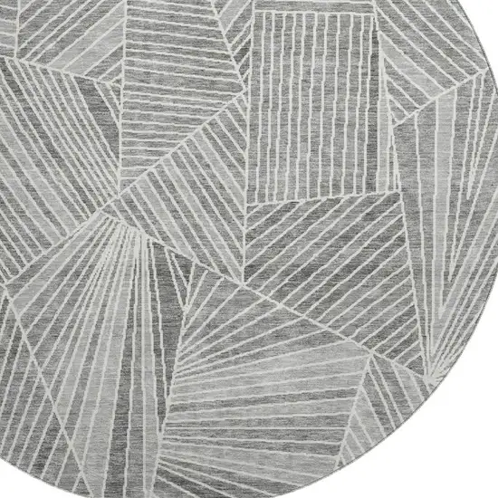 8' Gray And Silver Geometric Washable Round Rug With UV Protection Photo 3
