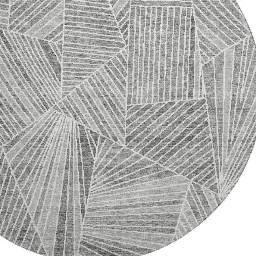8' Gray And Silver Geometric Washable Round Rug With UV Protection Photo 3