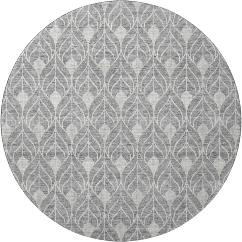 8' Gray And Silver Geometric Washable Round Rug With UV Protection Photo 3