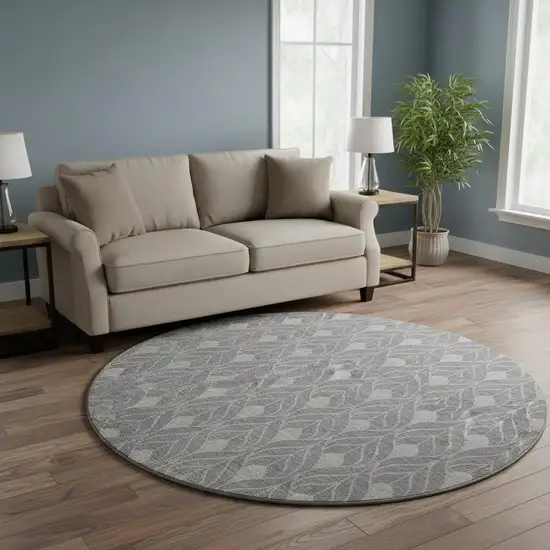 8' Gray And Silver Geometric Washable Round Rug With UV Protection Photo 2