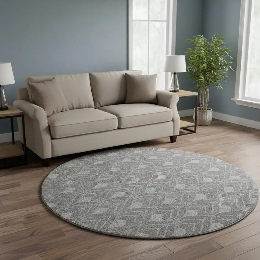 8' Gray And Silver Geometric Washable Round Rug With UV Protection Photo 2