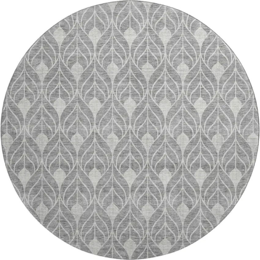 8' Gray And Silver Geometric Washable Round Rug With UV Protection Photo 1