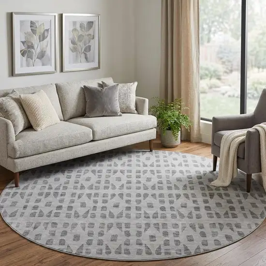 8' Gray And Silver Geometric Washable Round Rug With UV Protection Photo 1