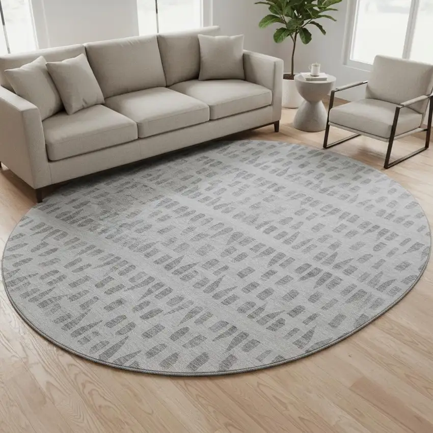 8' Gray And Silver Geometric Washable Round Rug With UV Protection Photo 2