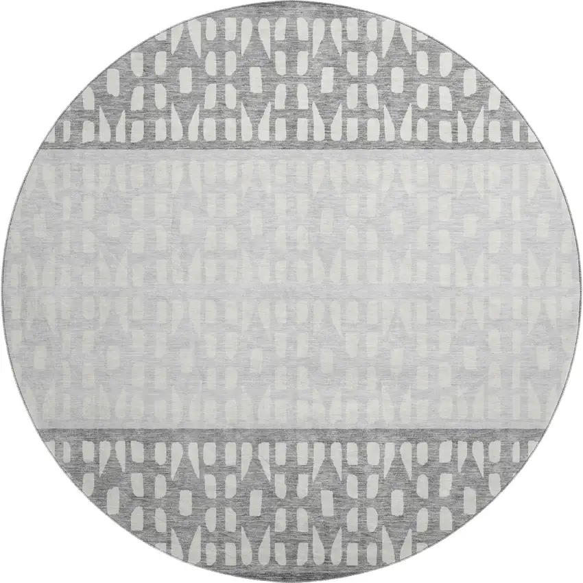 8' Gray And Silver Geometric Washable Round Rug With UV Protection Photo 1