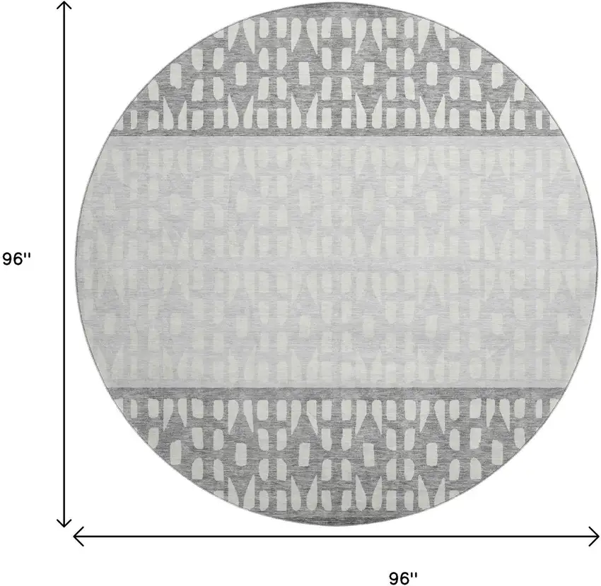 8' Gray And Silver Geometric Washable Round Rug With UV Protection Photo 9