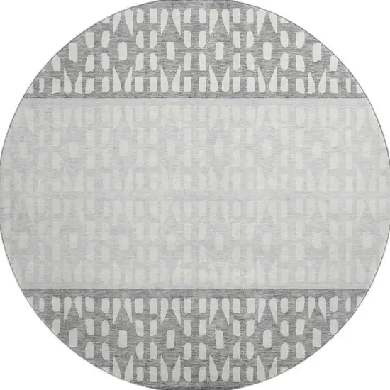 8' Gray And Silver Geometric Washable Round Rug With UV Protection Photo 3