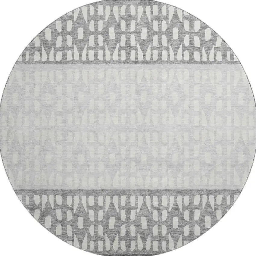 8' Gray And Silver Geometric Washable Round Rug With UV Protection Photo 3