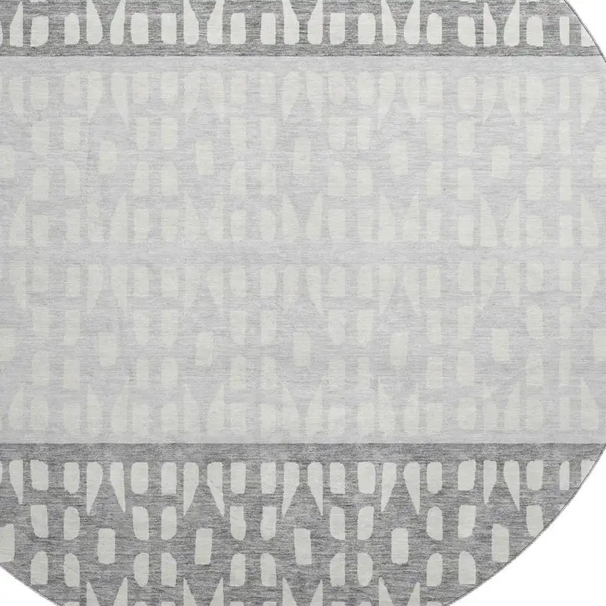 8' Gray And Silver Geometric Washable Round Rug With UV Protection Photo 2