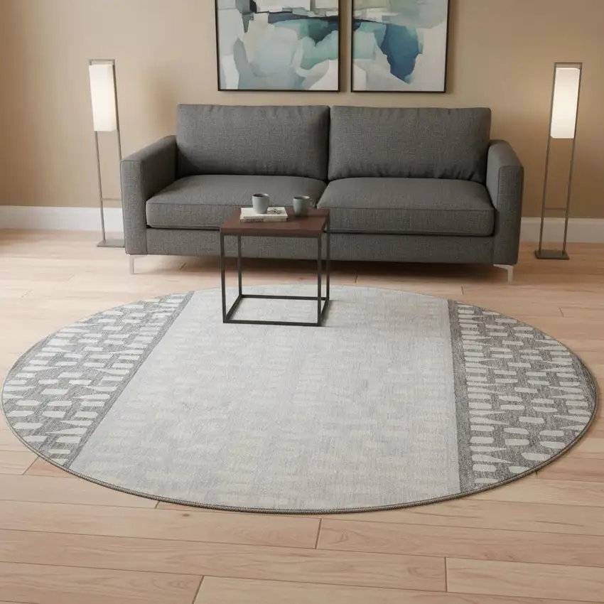 8' Gray And Silver Geometric Washable Round Rug With UV Protection Photo 2