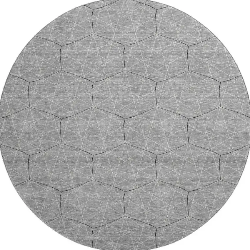 8' Gray And Silver Geometric Washable Round Rug With UV Protection Photo 3