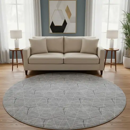 8' Gray And Silver Geometric Washable Round Rug With UV Protection Photo 2