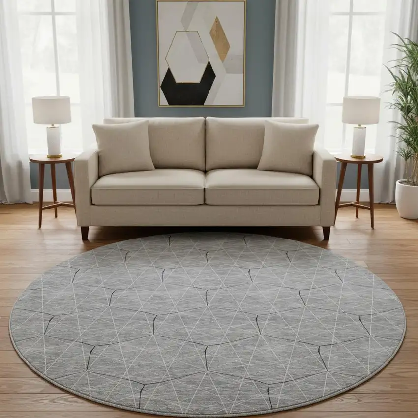 8' Gray And Silver Geometric Washable Round Rug With UV Protection Photo 2