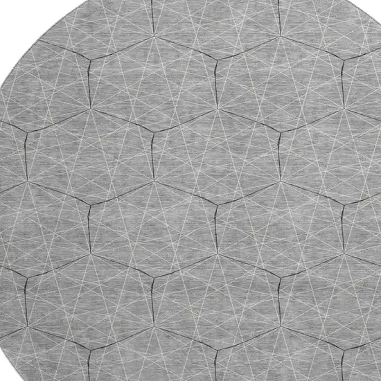 8' Gray And Silver Geometric Washable Round Rug With UV Protection Photo 2