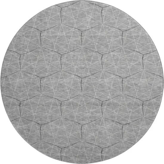 8' Gray And Silver Geometric Washable Round Rug With UV Protection Photo 1