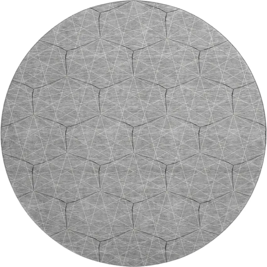 8' Gray And Silver Geometric Washable Round Rug With UV Protection Photo 1