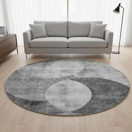 8' Gray And Silver Geometric Washable Round Rug With UV Protection Photo 2