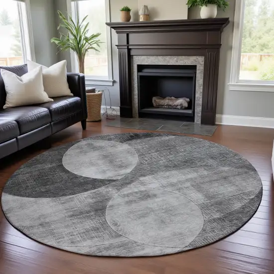 8' Gray And Silver Geometric Washable Round Rug With UV Protection Photo 4