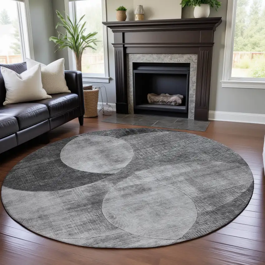 8' Gray And Silver Geometric Washable Round Rug With UV Protection Photo 4