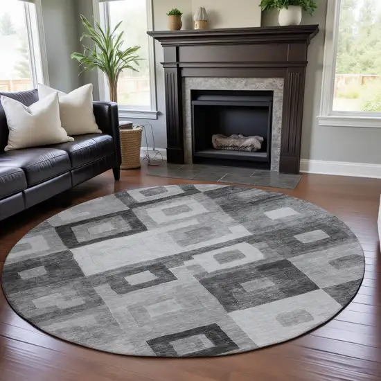 8' Gray And Silver Geometric Washable Round Rug With UV Protection Photo 4