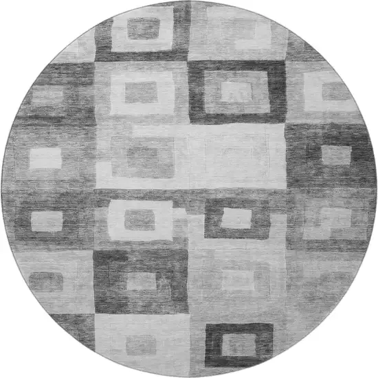 8' Gray And Silver Geometric Washable Round Rug With UV Protection Photo 3