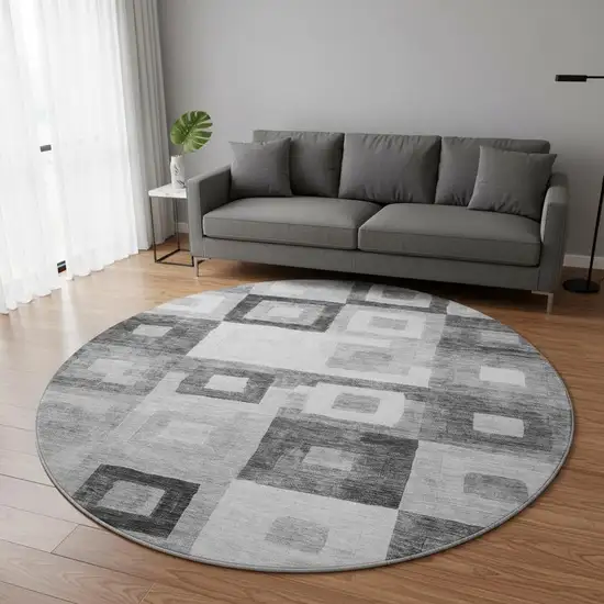 8' Gray And Silver Geometric Washable Round Rug With UV Protection Photo 2