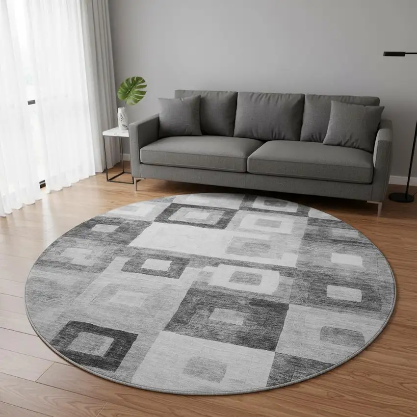 8' Gray And Silver Geometric Washable Round Rug With UV Protection Photo 2