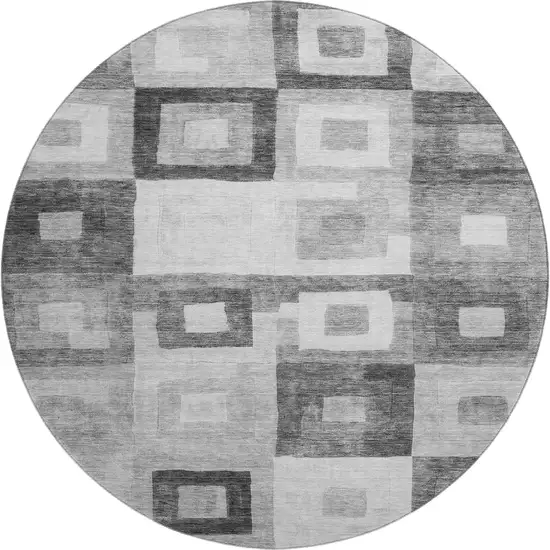 8' Gray And Silver Geometric Washable Round Rug With UV Protection Photo 1