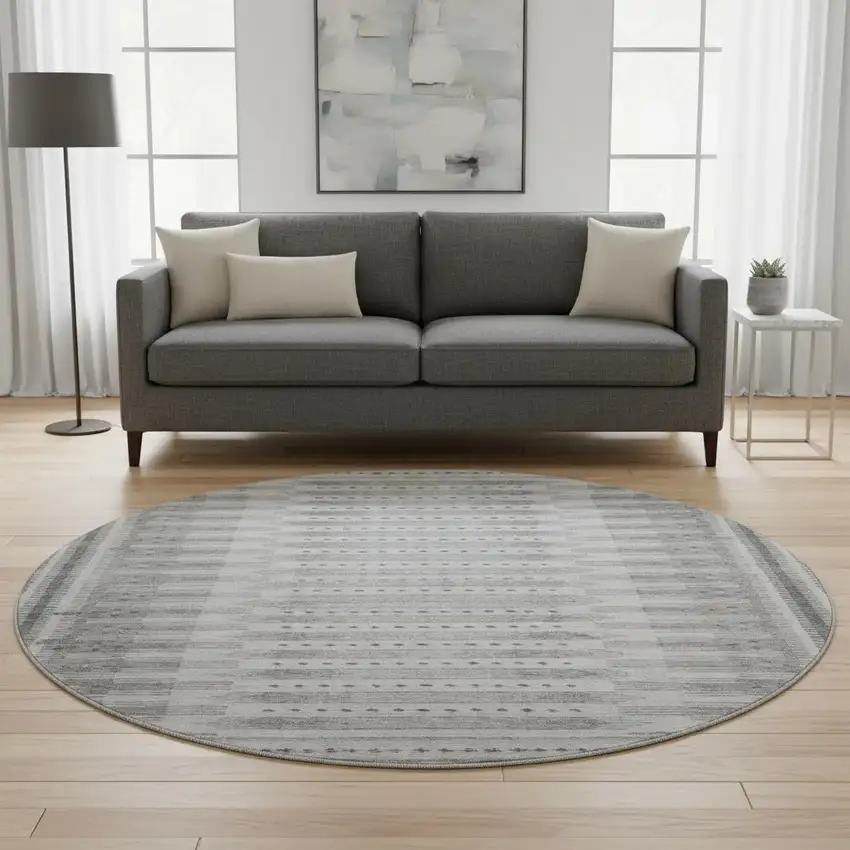8' Gray And Silver Geometric Washable Round Rug With UV Protection Photo 2