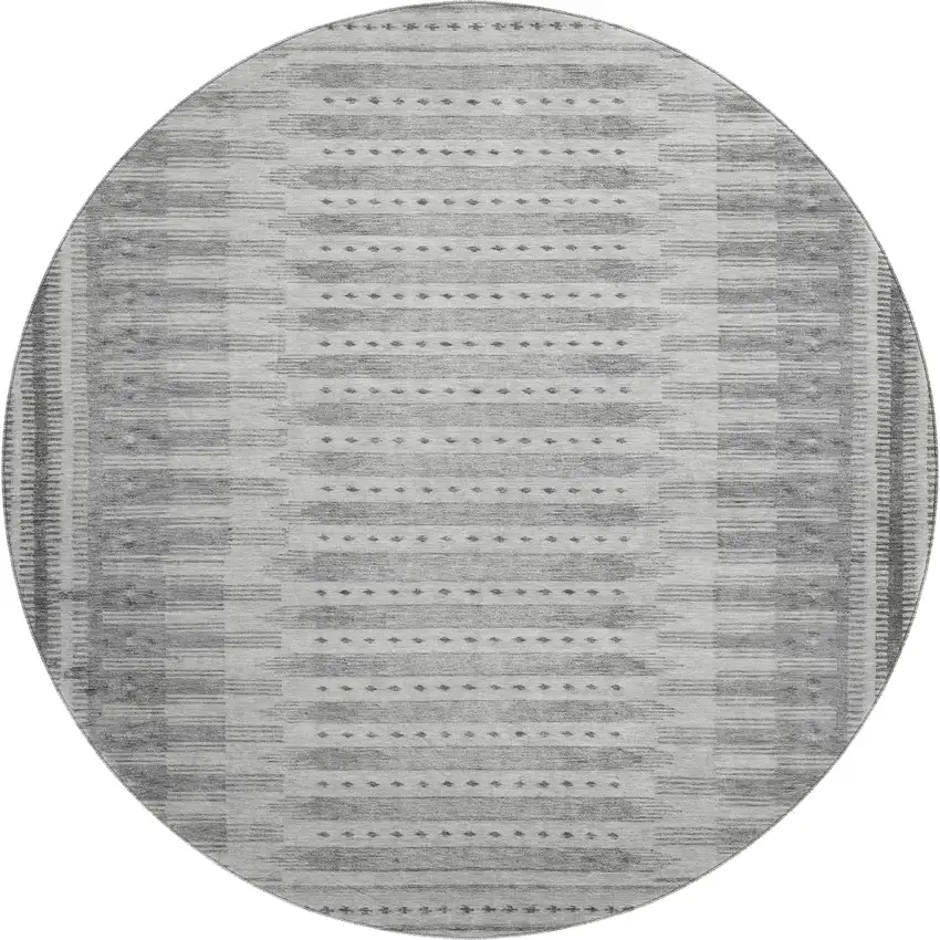 8' Gray And Silver Geometric Washable Round Rug With UV Protection Photo 1