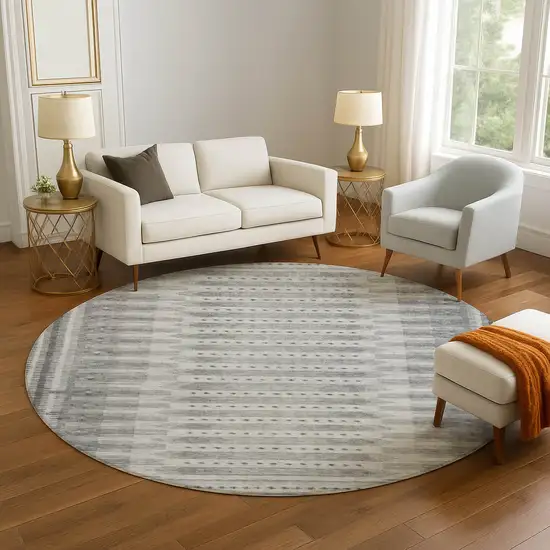 8' Gray And Silver Geometric Washable Round Rug With UV Protection Photo 5