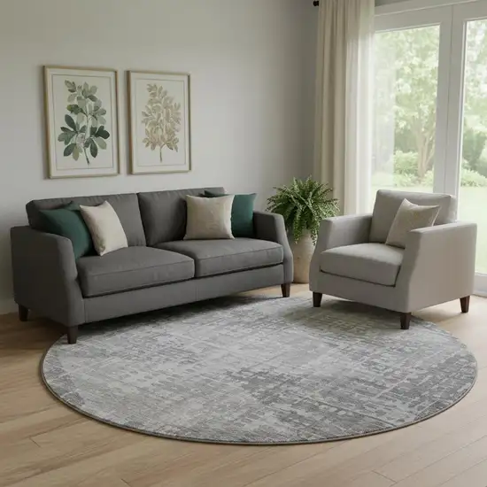 8' Gray And Silver Geometric Washable Round Rug With UV Protection Photo 2