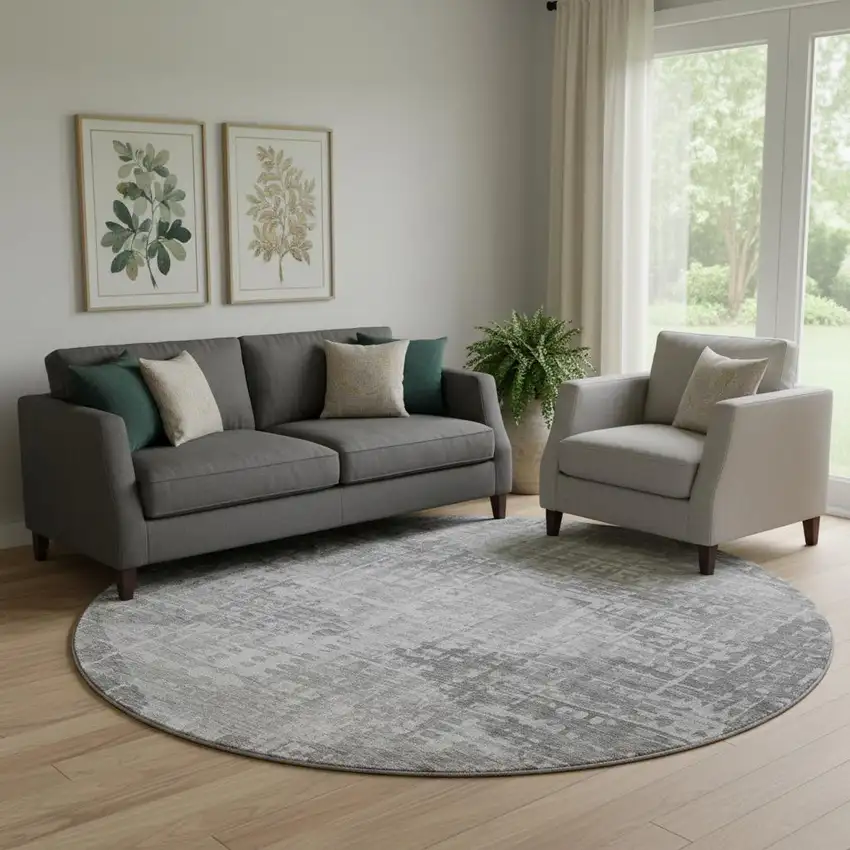 8' Gray And Silver Geometric Washable Round Rug With UV Protection Photo 2