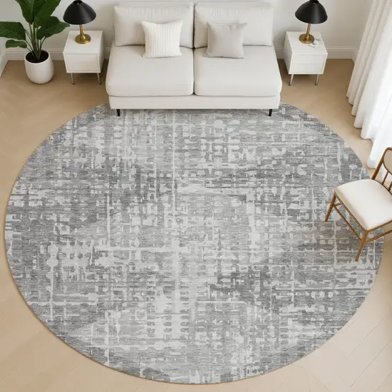 8' Gray And Silver Geometric Washable Round Rug With UV Protection Photo 5