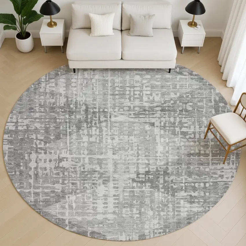 8' Gray And Silver Geometric Washable Round Rug With UV Protection Photo 5