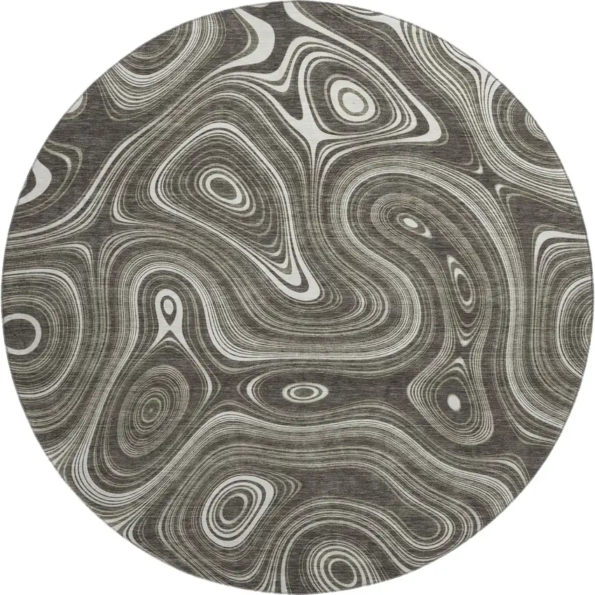 8' Gray And Silver Geometric Washable Round Rug With UV Protection Photo 1