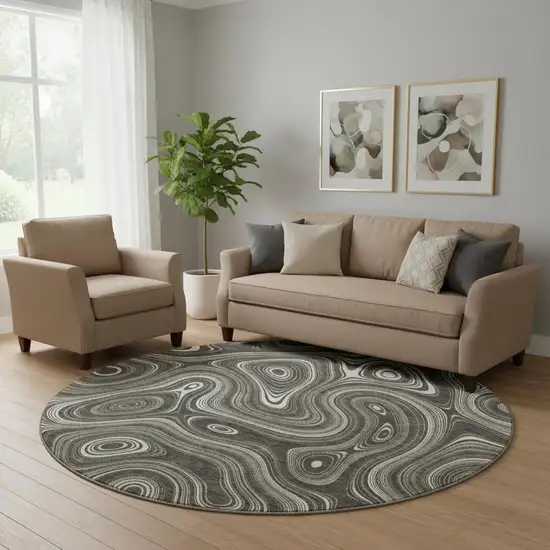 8' Gray And Silver Geometric Washable Round Rug With UV Protection Photo 2